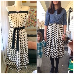Strapless Black and Cream Polka Dot Midi Dress